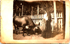 Antique Real Photo Postcard Woman with Long Hair and her Pet Cow picture