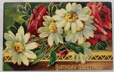 1911 BIRTHDAY GREETINGS Embossed Red White Flowers Germany Antique Postcard picture