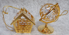24K GOLD PLATED 2 CHRISTMAS ORNAMENTS AUSTRIAN CRYSTAL CREATIONS GLOBE BIRDHOUSE picture