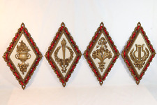 Homco Vintage Wall Plaques Gold w/ Red Diamond Shaped Hollywood Regency Set of 4 picture