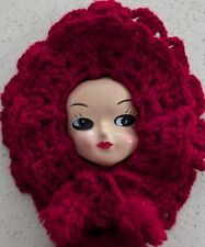 Vintage Doll Face Crochet Red White Decoration Wall Hanging Kitschy Cottage Core picture