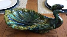 Vintage Ceramic Perfect Peacock Turquoise/Green Candy Trinket Dish 14x7x5” picture
