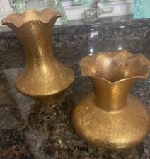 Vtg Gold Lotus Glass Co 22 Karat Gold Overlay Gilded Vases W/Ruffle Top-Set Of 2 picture