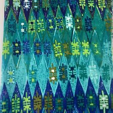 4 yds Vintage 5th Avenue Designs Fabric Blue Green Geometric Linen Cotton Retro picture