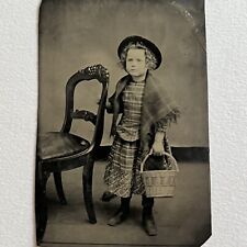 Antique Tintype Photograph Adorable Little Girl Carrying Beautiful Basket picture