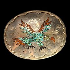 Vtg Southwestern Eagle Turquoise Coral Onyx Inlay Navajo Belt Buckle Silver Tone picture