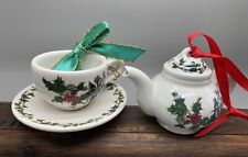 PORTMEIRION HOLLY & IVY TEACUP & SAUCER /TEAPOT CHRISTMAS ORNAMENT LOT OF 2 picture