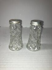 Vintage Crystal Diamond Glass Salt & Pepper Shakers Metal Lids picture
