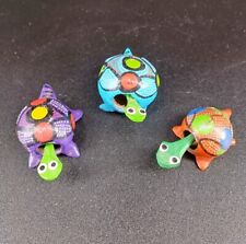 LOOSE NECKS MEXICO Handmade Wood Carved Multi Color Turtle Bobblehead Lot Of 3 picture