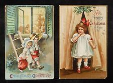 1910s 2 POSTCARDs Christmas Greetings Cute Kids 1 by Clapsaddle Santa Mistletoe picture