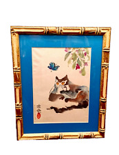 Bamboo Style FRAME GLASS Cat KITTY Butterfly WATERCOLOR ART Japan Artist SIGNED picture