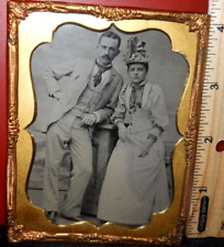 Quarter plate size Tintype of young couple in brass mat/frame picture