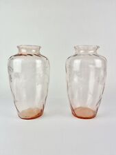 Pair(2) Vtg Pink Depression Glass Vase 8.5”Floral & Leaf  Panel Waves Hand Blown picture