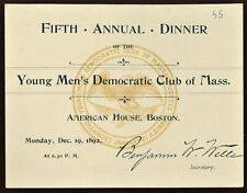 1892 YOUNG MEN'S DEMOCRATIC CLUB BOSTON Dinner Ticket picture