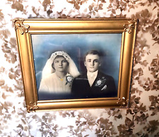 Antique Victorian Couple Wedding Portrait in Gold Gilt Frame with Glass picture