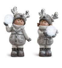 2 Kids Holding an LED Snowball - Set of 2 Cute Christmas Light Up Figurines picture