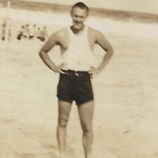 Vintage Snapshot Photo 1930s Man Posing With Hands On Hips Wearing Bathing Suit picture