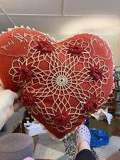 Vintage Style White Lace Trim Red Heart Pillow - with Embroidered Flowers Unique picture