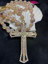 New Betsey Johnson Gold & Champaign Crystal Cross Pendant Beaded Necklace Fashio picture