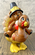 VINTAGE THANKSGIVING TURKEY & TEDDY BEAR CERAMIC HAND PAINTED DECORATION STATUE picture