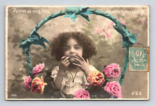 1905 RPPC French Hand Colored Portrait Flower Girl Carnation Curly Hair Postcard picture
