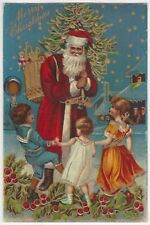 1909 Christmas Greetings - Children Dance Around SANTA CLAUS - Holiday Postcard picture
