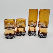 MCM Amber Cocktail Glass Tumbler Cocktail Hand Painted White & Gold Set of 4 VTG picture