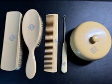 Vintage Antique French Ivory Vanity 5 Piece Set  Brushes, Comb, Hook, Jar, Puff picture