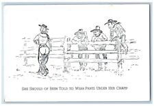 Women Wear Pants Under Her Chaps Cowboys Fence Humor Funny Vintage Postcard picture