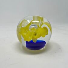 Vintage Art Glass Paperweight Yellow Flower with Clear Glass Center Cobalt Blue picture