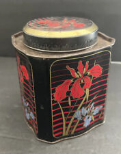 VINTAGE Tea Tin Black With Red/Blue Flowers Ceylon Tea Bureau London SW1Y 4QD picture