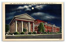 Postcard Night-Time First Baptist Church & Sunday School, Columbia SC linen W36 picture