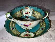 Antique Nippon Japanese Hand Painted Bouillon Soup Cup & Saucer c 1890-1910 Teal picture