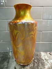 Quezal Gold Swirl 10.75” Vase, 1907-1924, Handmade, Clover Shape Tag, PO-VG++ picture