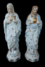 PAir german bisque porcelain Sacred heart jesus mary statue set religious picture
