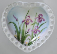 Gorgeous, Signed, Hand Painted, Floral, Ceramic, Footed Heart Shaped Trinket Box picture
