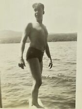 XH Photograph Handsome Man Standing On Wood Plank Bathing Suit Lake Cute picture