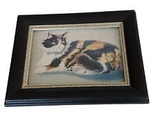 Vtg Framed Watercolor Art Print Photo Laying Calico Cat 7.25