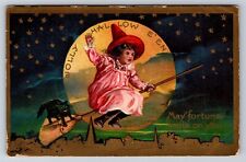 Postcard Jolly Halloween Flying Witch Broom Full Moon Black Cat c1909 AB1 picture