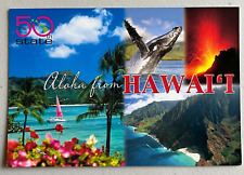 New ALOHA FROM HAWAII POSTCARD THE 50th STATE Waikiki Beach NAPALI Whale VOLCANO picture