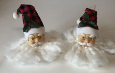 Two Santa Head Ornaments Long White Beard Glasses Happy Faces Rosy Cheeks 5” picture