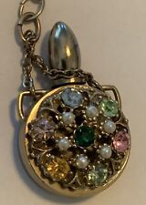 JEWELED Vintage Petite PERFUME Bottle With Dabber Gold Tone Key Chain picture