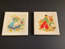 Two Vintage Dutch Boy & Girl Art Pic Tiles by Mary Allen 4 1/4
