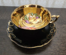 Vtg Royal Sealy Tea Cup & Saucer Black & Gold Fruit Victorian Tea Party picture