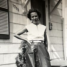 Woman Wearing Strange Plastic Pants Hand On Hip 1960s Vintage Snapshot Photo picture