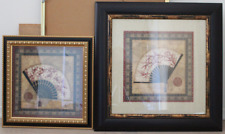 LOT OF TWO JAPANESE FANS IN GOLD AND WOOD FRAME ASIAN DESIGN picture