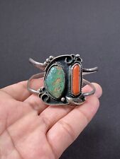Vtg Native American Navajo Turquoise & Coral Sterling Silver .925 Cuff Bracelet picture