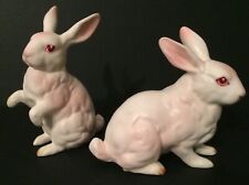 Vintage Lefton White Albino Bunny Rabbits Red Eyes & Pink Accents Set 2 Figures picture