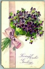 Raphael Tuck Violet Bouquet Ribbon Easter Greetings Embossed 1911 DB Postcard F8 picture