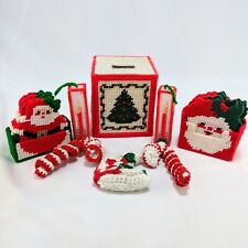 Lot Of 8 Vtg Needlepoint Needle Craft Christmas Coasters Tissue Holder Ornaments picture